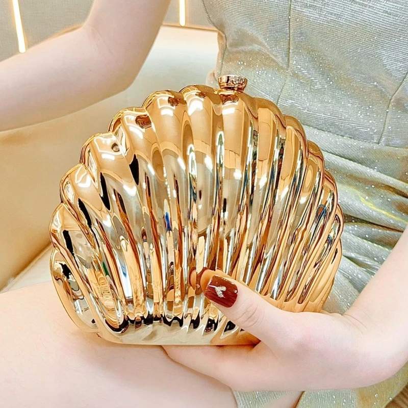 

2025 Women Gold Shell Shaped Bag Cute Acrylic Evening Clutch Bag with Strap for Wedding Party Small Purses Handbags Female