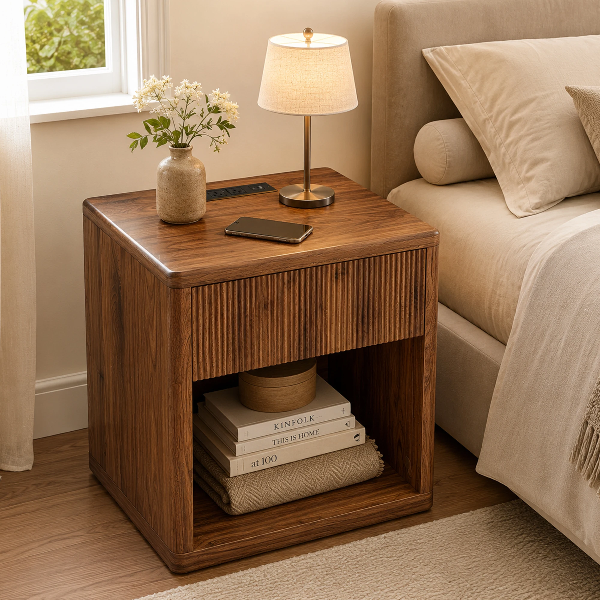 Night Stand Nightstand with Drawer Storage Fluted Bed Side Table End Table Large Modern Wide Bedside Stand Mid Century