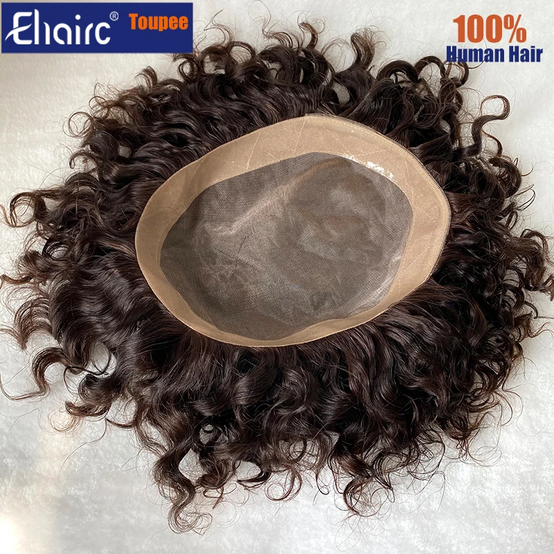 Brown Color Toupee For Men Curly Mono Hair System Unit for Men Durable Male Hair Prosthesis 100% Human Hair Unit Wigs for Men