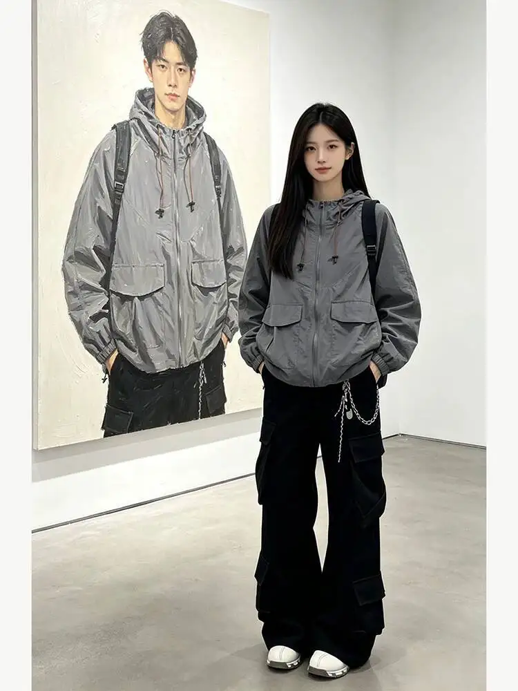 Unisex Hooded Sun Protective Jacket 2026 Summer New Dark Gray Ice Silk Men Women Thin Breathable Outdoor Cool Quick Dry Coat