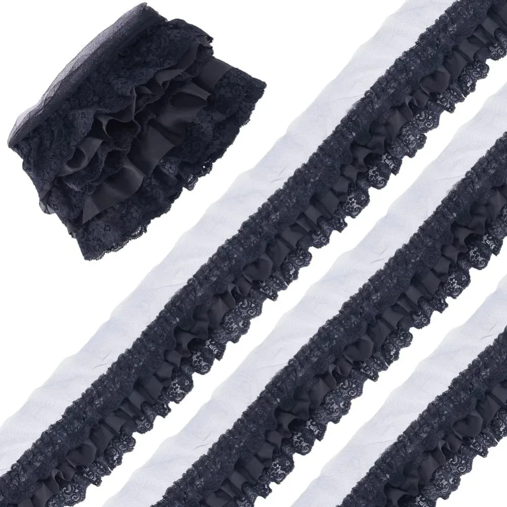 

2 Yards 11cm Wide Pleated Chiffon Lace Trim 3-Layer Black Ruffled Lace Ribbon Floral Embroidered Gathered Edging Trimmings