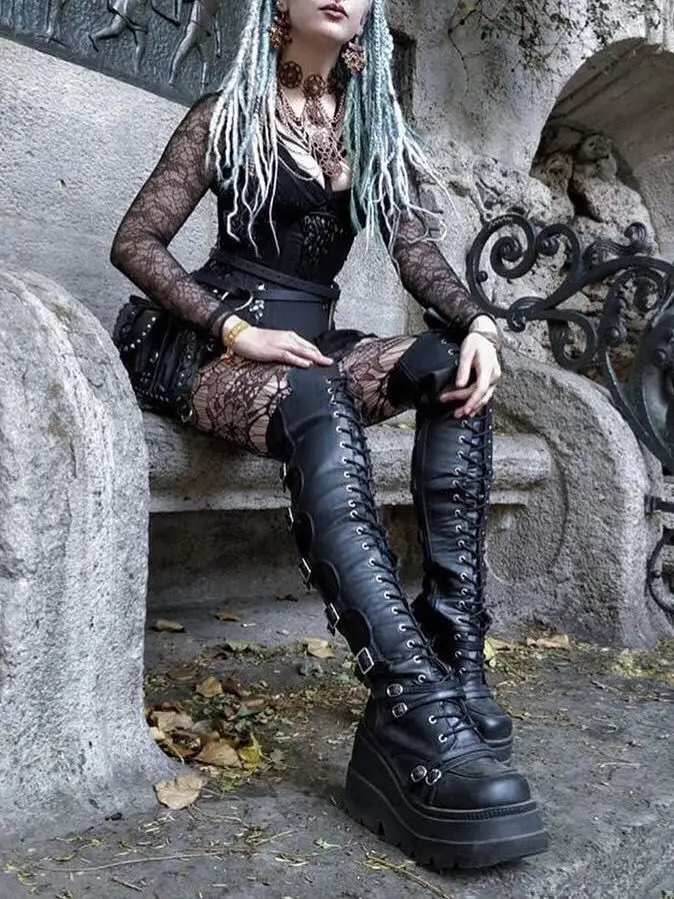 

Ультра-длинные рыцарские сапоги выше колена в готическом стиле в стиле панк, корейские сапоги на платформе Thi Bot с перекрестными посадками для молодых женщин