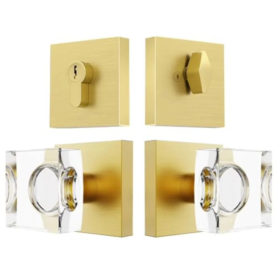 

Crystal Glass Door Knob with Deadbolt, Brushed Gold Front Door Knob and Deadbolt Set, Exterior Door Handle with Deadbolt Lock