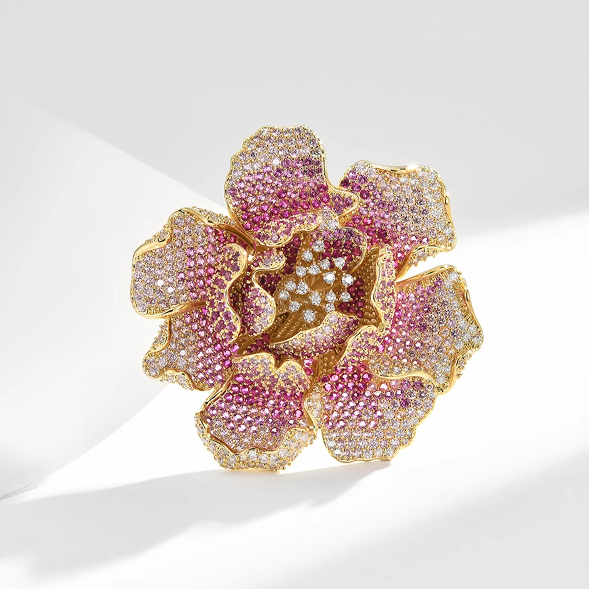 Chinese Style Lucky Auspicious Wealth Blessing Gradient Pink Peony Flower Brooch Full Paved Shiny Cz Gold Plated Elegant Women