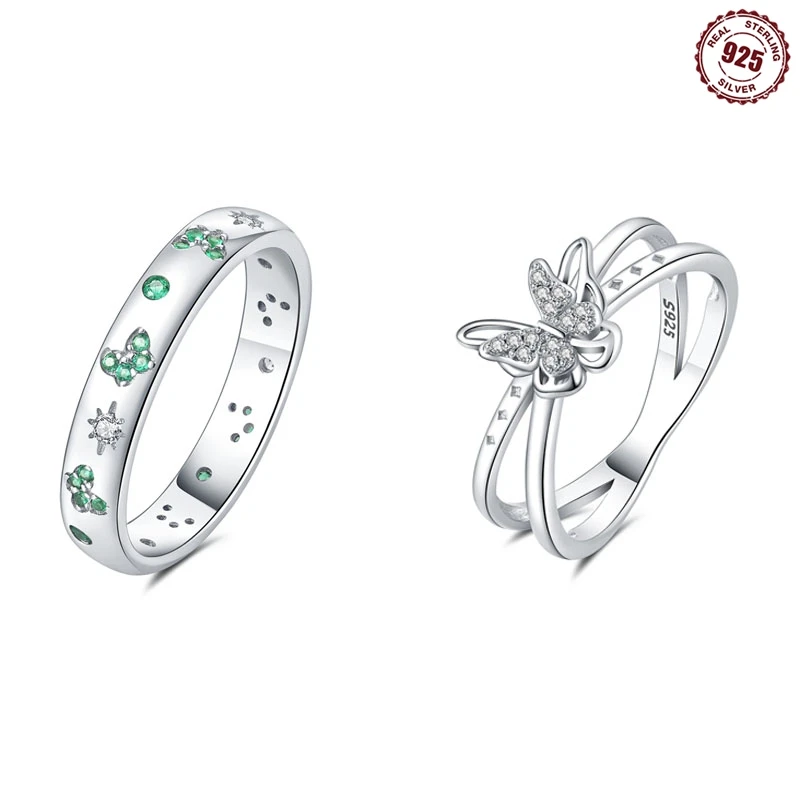 Doppelringe aus 925er-Sterlingsilber, Insektenserie, Zirkon-Schmetterlingsringe für Frauen, Hochzeit, Verlobung, Geburtstag, Silberschmuck, Geschenk