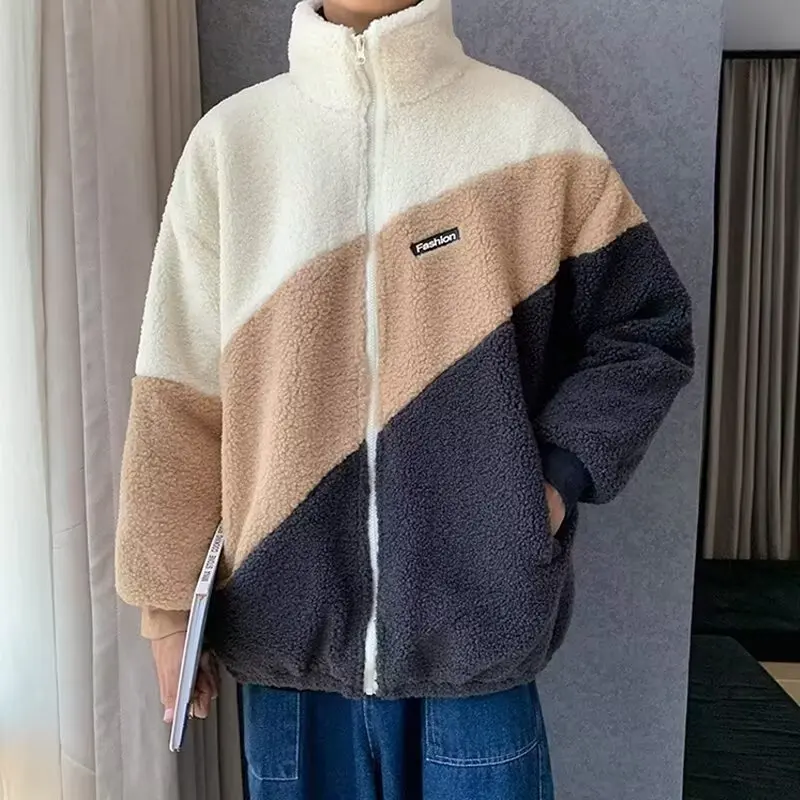 

Lamb Velvet Jaet Men's Loose Fit Collar Stand up Color Blo Cotton Coat Autumn Winter New Korean Sle Trendy Casual Haome