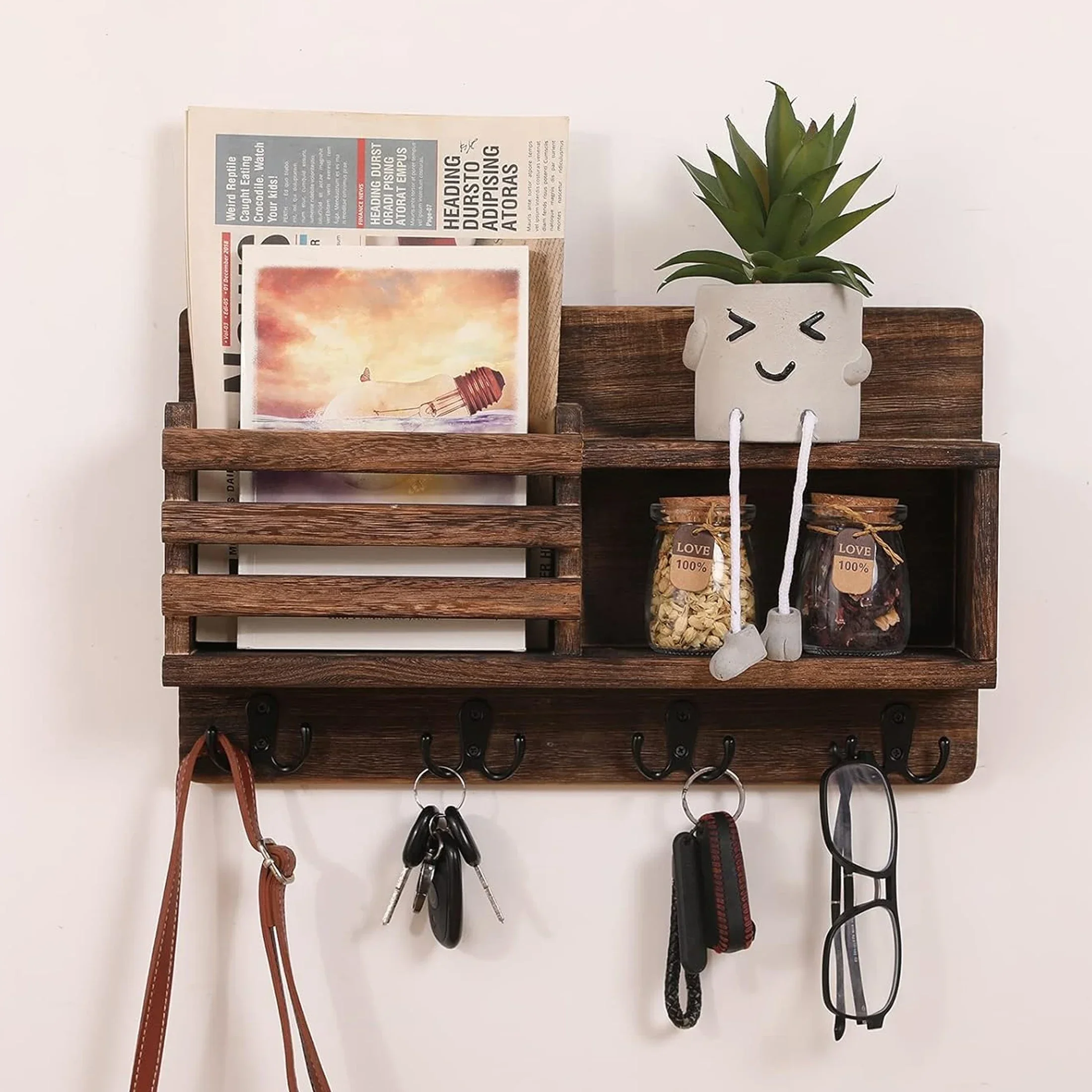 Schlüsselbrett,Schlüsselhalter aus Holz,Hängend,mit 8 Schlüsselhaken,Dekorative Schlüsselbrett mit Briefkasten&Regal,für Eingang