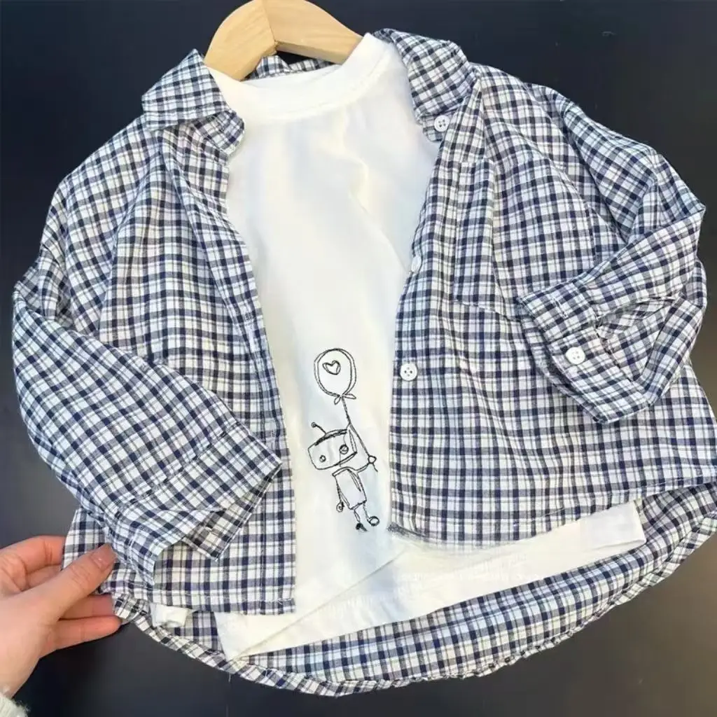 Children's Korean Set 2026 Spring and Autumn New Style Checkered Shirts Versatile Casual Jeans Two Piece Set Trendy