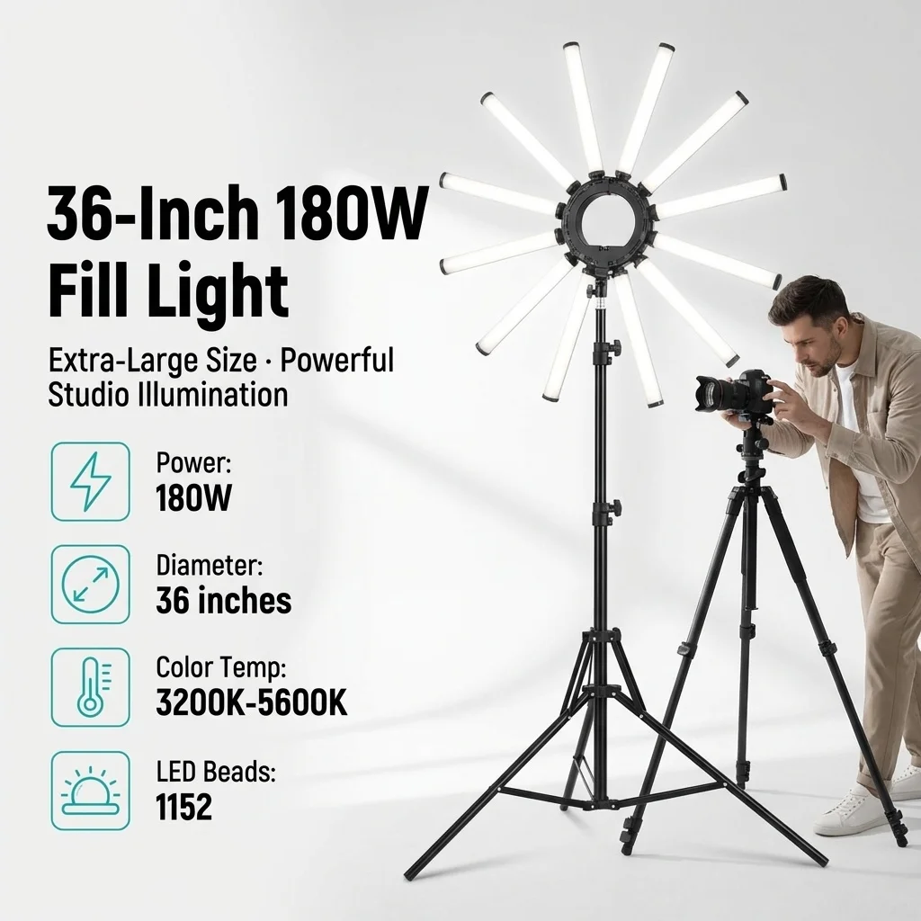 12 Arms Multi Tube Photography Lighting Kit 180W Large LED Ring Fill Light With  3200K 5600K Adjustable Studio Lighting