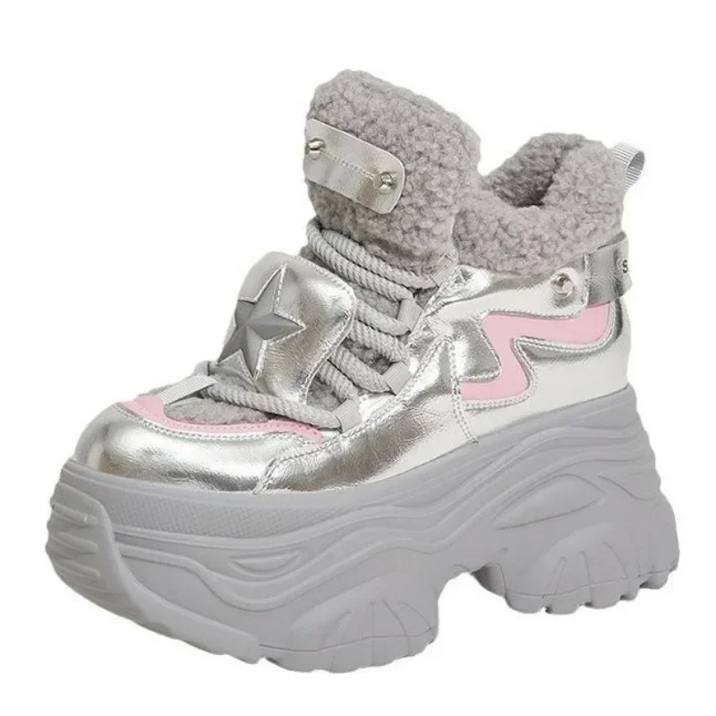 

High quality 9CM Winter Increased Height Warm Shoes for Women Fashion High Platform Thicken Sneakers Trendy Leather Chunky Shoes