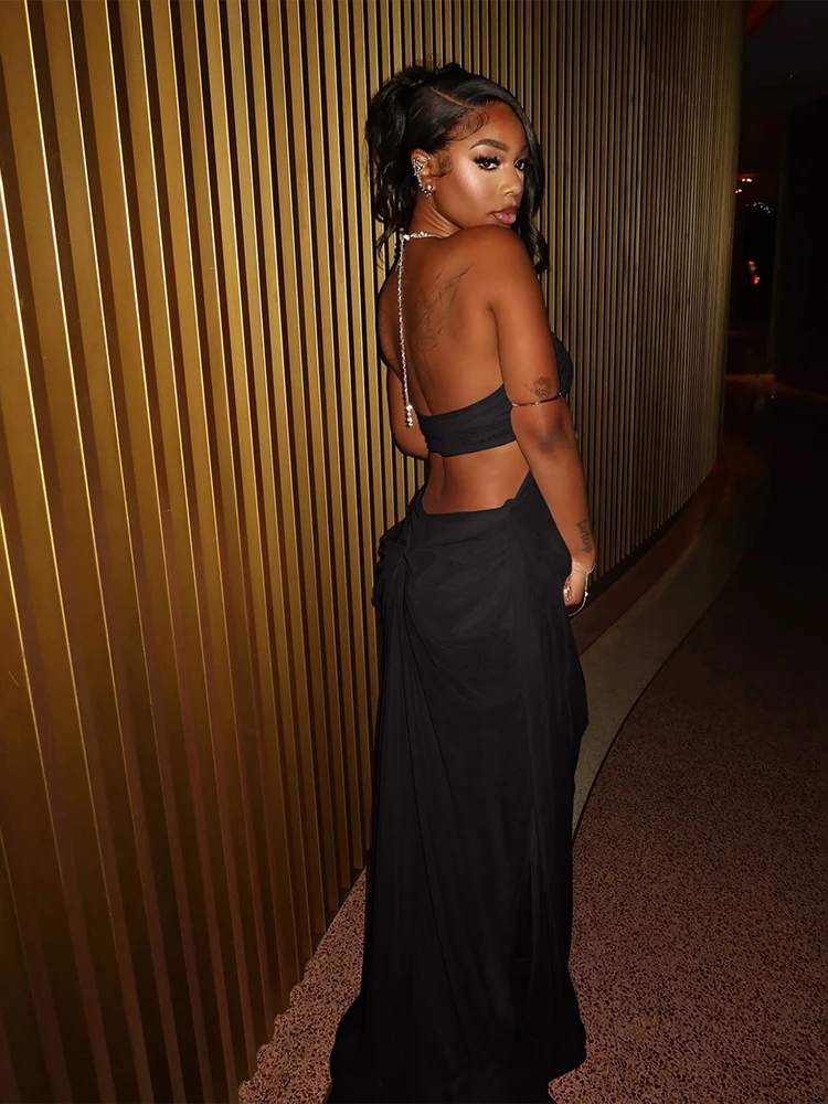 Sukienka na studniówkę Nibber, seksowna, prześwitująca, luksusowa, z łańcuszkami, halter, głęboki dekolt, bez pleców, bez rękawów, elegancka, na północ, vestidos