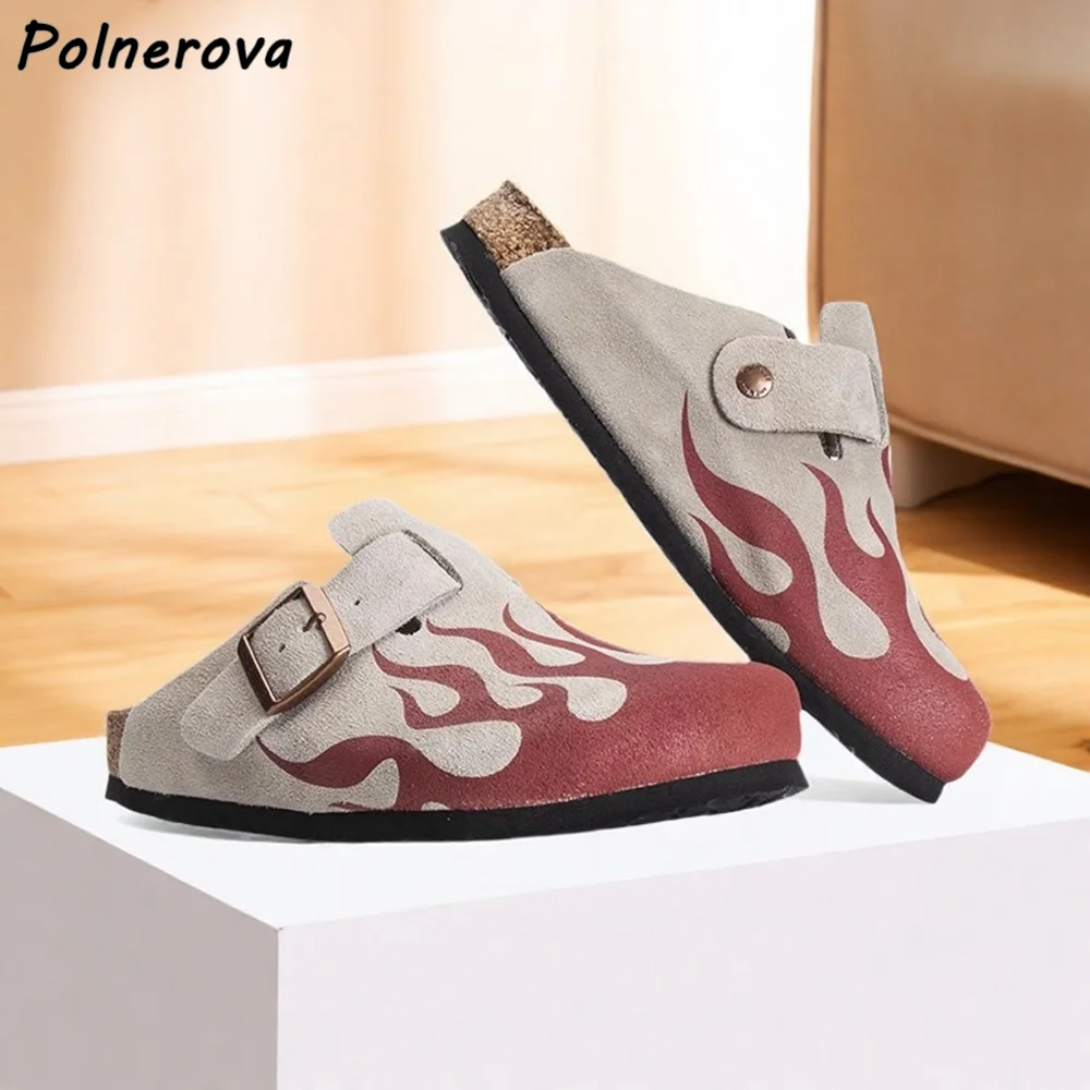 

Лоскутные тапочки в форме огня, слипоны с пряжкой и ремешком, универсальная обувь из натуральной кожи, женская уличная обувь для отдыха, 2025