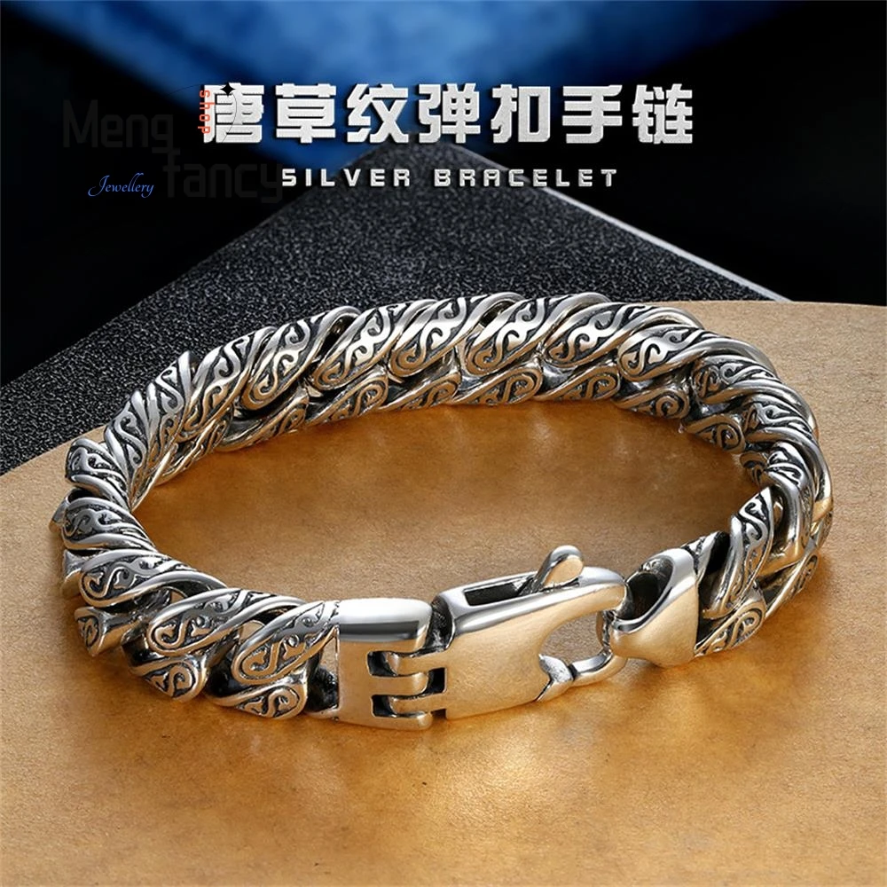 

Personalized Tang Grass Pattern Silver-plated Bracelet Men's Thick Hip-hop Street Hipster Fashion Ethnic Style Fashion Jewelry