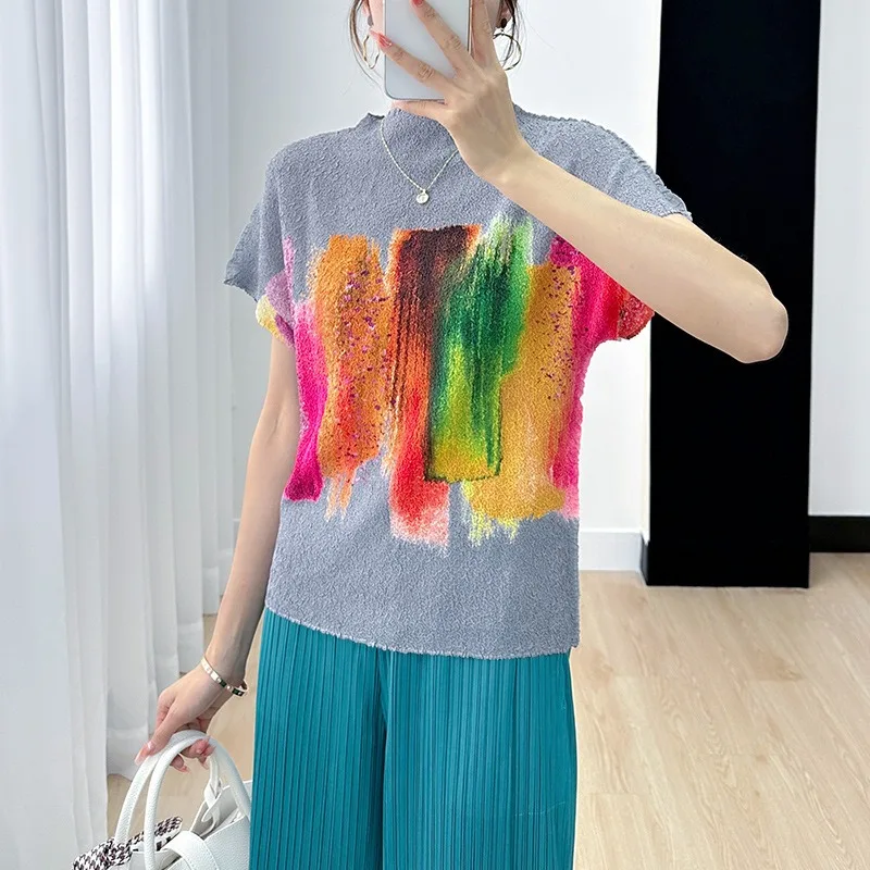 

ALSEY Miyake Short Sleeve Fashion Women's Oversized T-shirt Hundreds of Printed Loose Slim Ruffled Tops Female Summer New