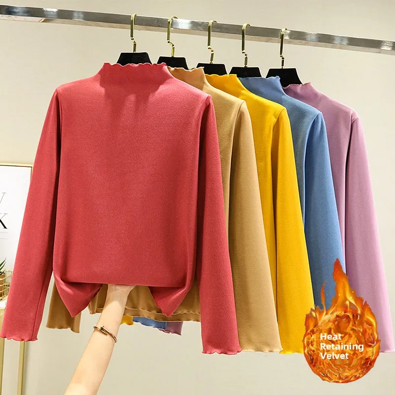 Thiened Double-Sided Fce f-High Collar Base irt Women's Inner Wear Velvet Long Sve T-irt Warm Heating Top