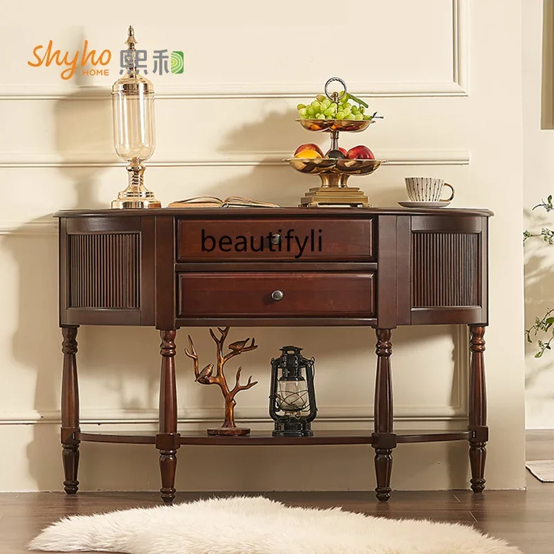 American retro semi-round table living room simple entrance cabinet solid wood foyer side table decorative storage cabinet