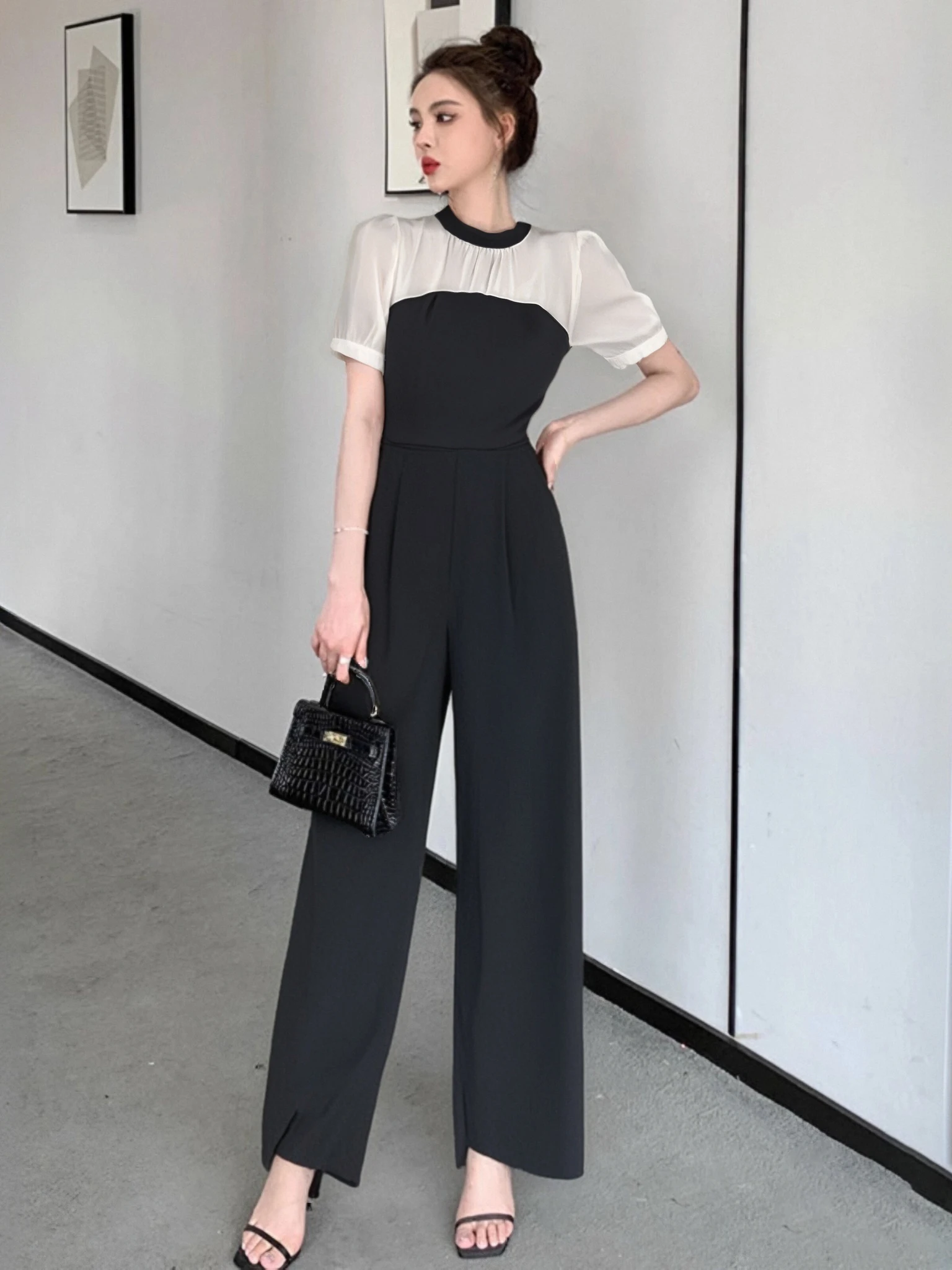 بدلة نسائية صيفية أنيقة بقطعة واحدة على طراز هيبي، بنطلون واسع الساق عالي الخصر، مصنوعة من ألياف البوليستر بسماكة عادية