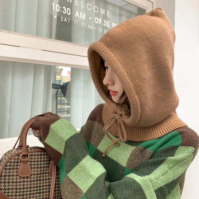 

Winter One-Piece Beanie Hats Knit Balaclavas Neck Warmer Scarf Outdoor Women's Head Hood Bonnet Drawstring Cap One-piece Beanies