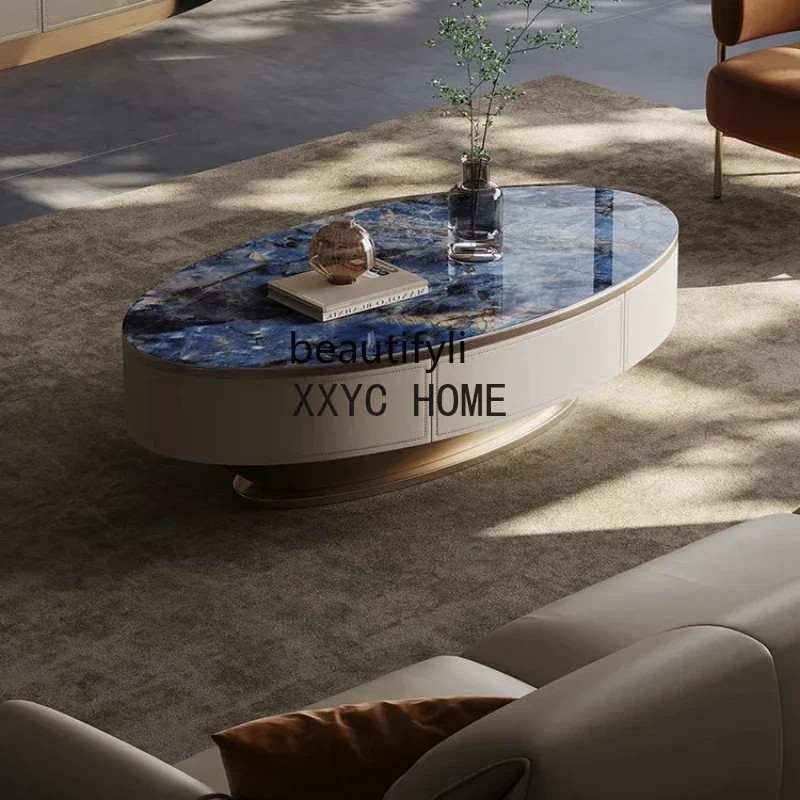 

Minimalist Stone Plate Coffee Table Oval Living Room Home Large and Small Apartment Type New Advanced Saddle Leather Stone