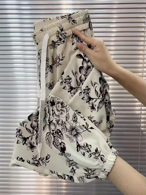 

Summer Thin Ice Silk Casual Pants Women's Loose Wide Leg Lantern Pants High Waist Nine Points Harlan Style Polyester Fiber