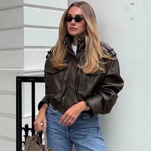 

KIDCRKJ Women Faux Leather Cropped Jacket Vintage Pockets Long Sleeve Lady Bomber Jackets Highstreet Zipper Overcoat For Female