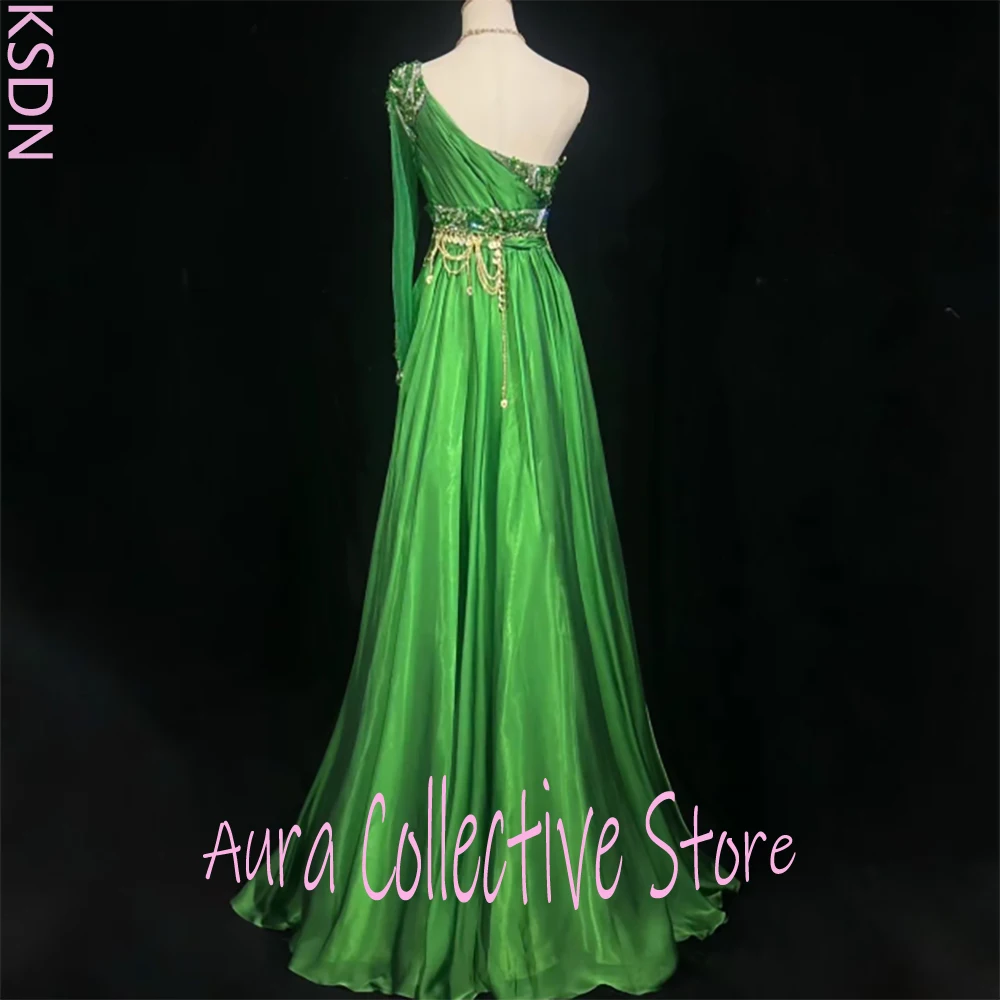 فساتين سهرة نسائية أنيقة باللون الأخضر بكتف واحد مع زخارف مطرزة بالترتر بطول الأرض فستان رسمي فاخر للحفلات #2