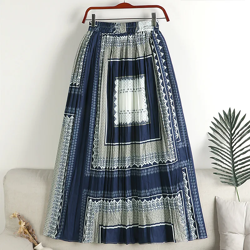 Chiffon Plaid Striped Vintage Loose Pleated Skirt Summer Casual Streetwear Elegant Long Skirts Kawaii Women New Korean Fashion