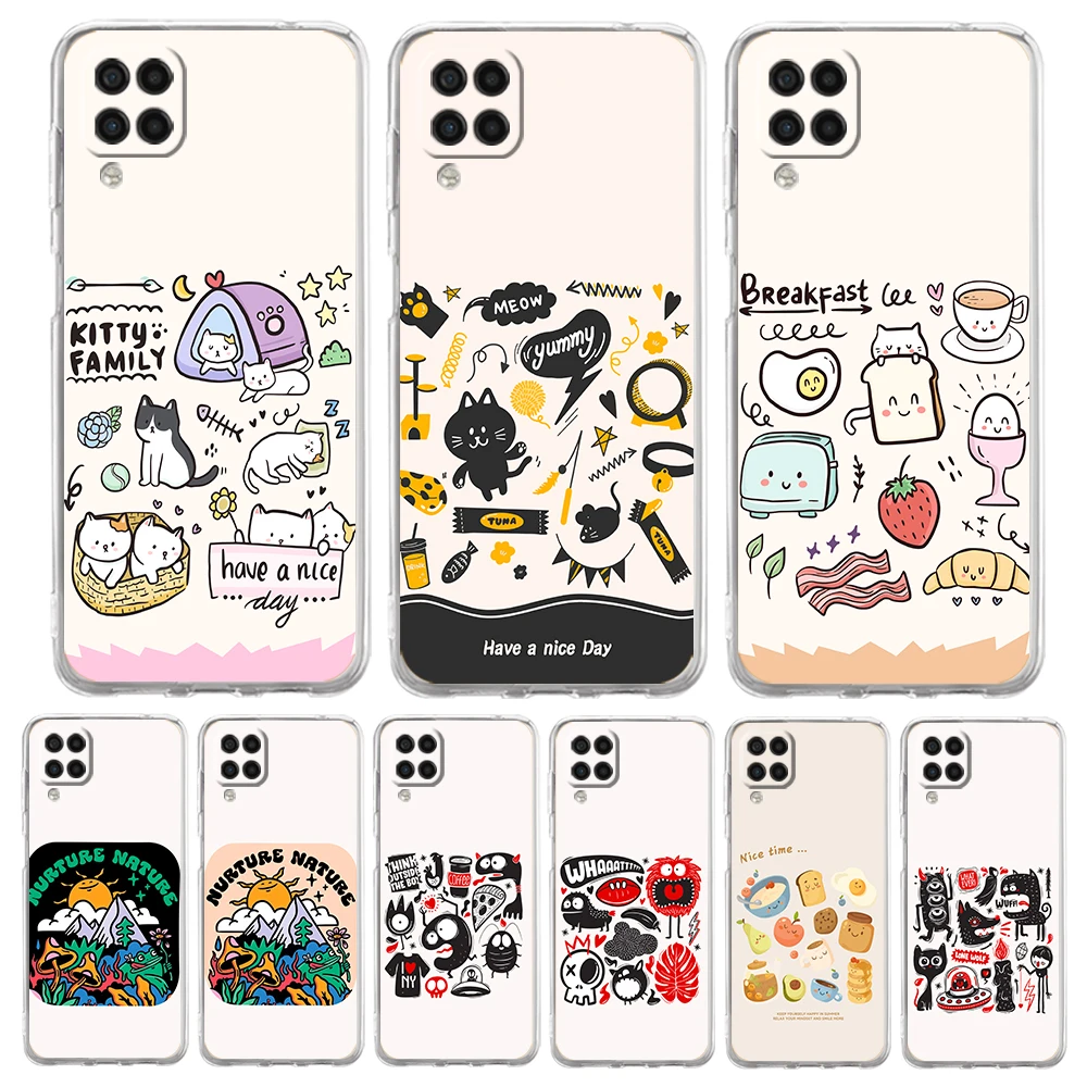 Art Doodle Cute Dog Kitten Cat Phone Case for Samsung A17 A13 A15 A25 A35 A37 A57 A51 A55 A71 A41 A23 A53 A73 5G A07 4G Cover