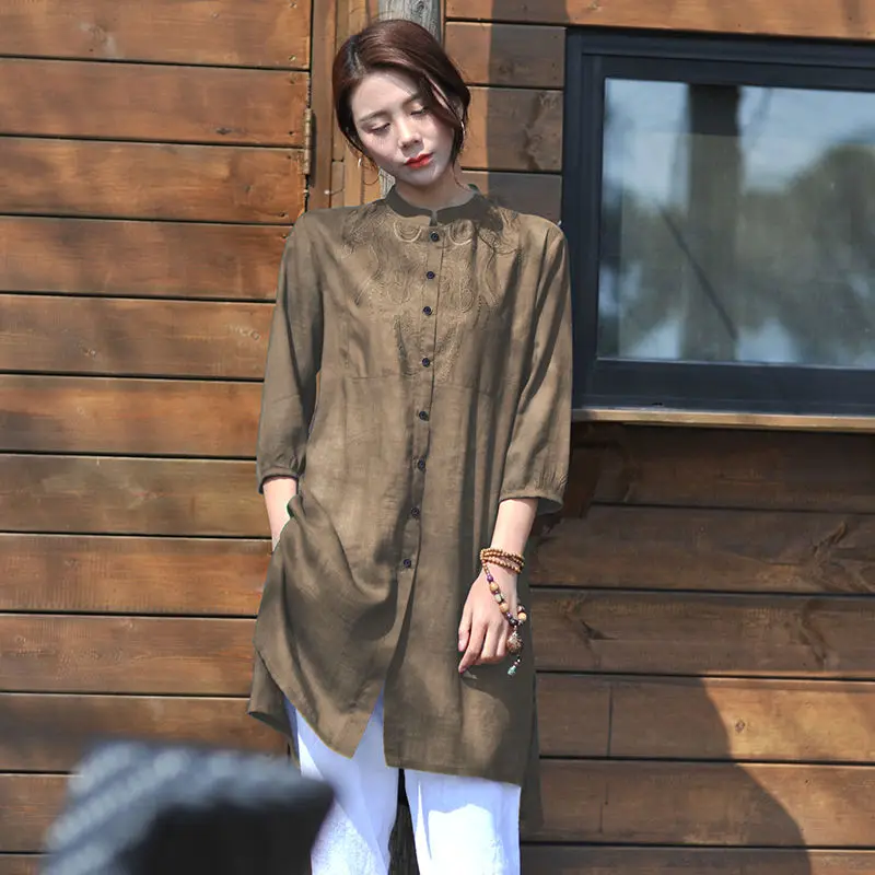 Spring Summer New Mid Length Embroidery Blouse 3/4 Sleeve Round Neck Solid Color Loose Shirt Tops Vintage Casual Women Clothing