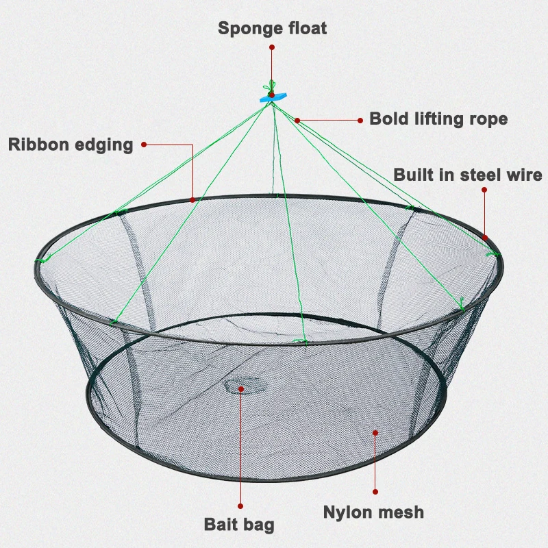 80CM Loose Mouth Folding Drop Fishing Net Shrimp Catcher Tank Casting Network Fish Eels Trap Cage Prawn Bait Crab Netting