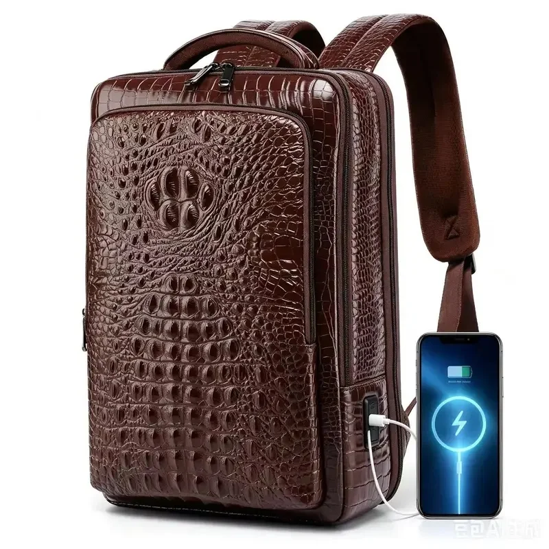 New Men's Crocodile patterned leather laptop backpack with USB 180 Degree Opening and Closing retro business Backpack schoolbag