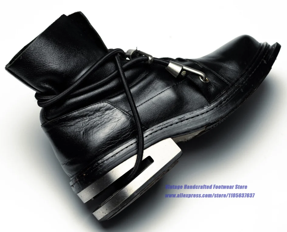 Men's Black Leather Ankle Boots Drawstring Lace Wrapped Design Hollow Cutout Metal Block Heel Boots Handcrafted Men's Boots