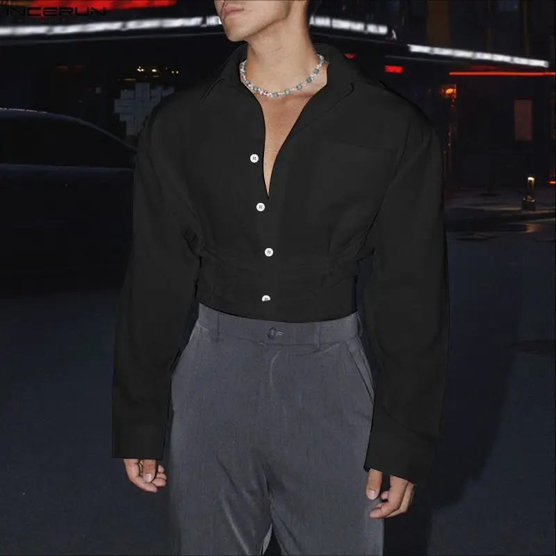 INCERUN 男性シャツ固体ラペル長袖レースアップカジュアル男性服ルーズ Streewear ファッションレジャートップス男性シャツ S-5XL