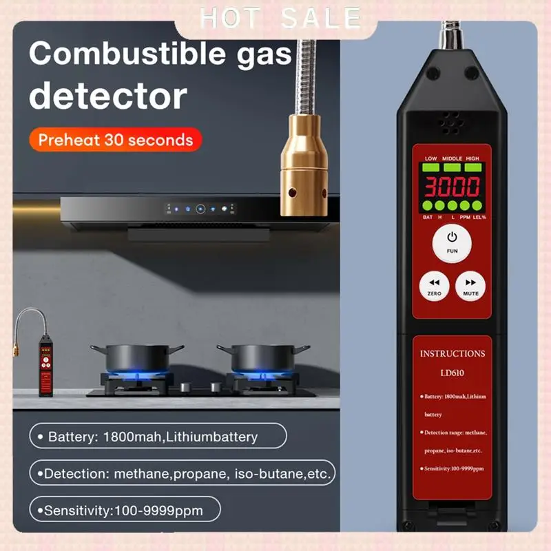 24-Hour Delivery LD610 Combustible Gas Leak Detector Sound Alarm Combustible Methane C4H10 H2 Gas Leak Tester 100-9999Ppm Gas Te