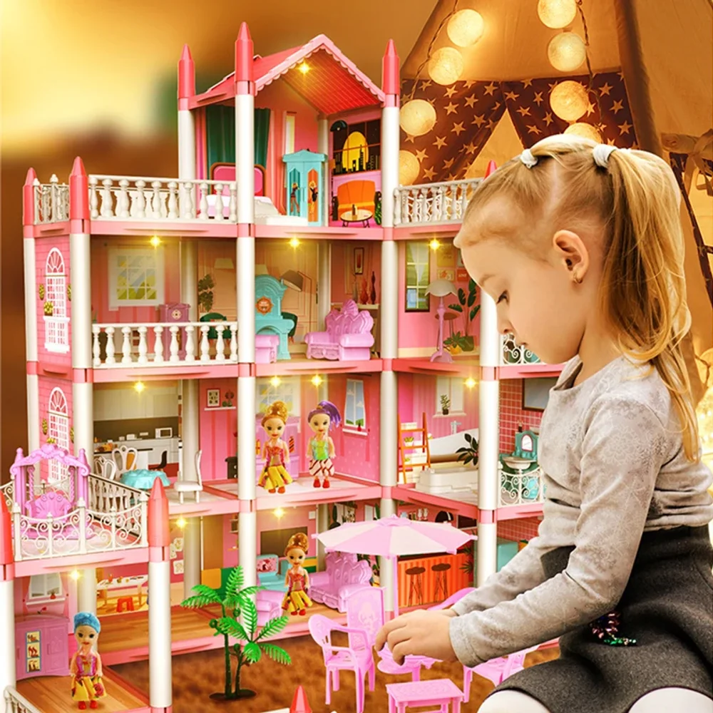 Dream Princess Castle Villa Assembly Doll House Set Toy Girl Christmas Toys Kids Music Doll House Assembly Villa House