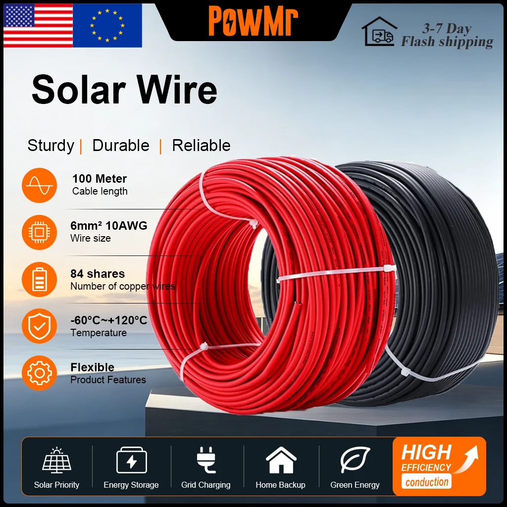 PowMr 10AWG Solar Photovoltaic Cable for Solar Panel 6mm2  Tinned Copper Electricity Wires Roll 100m DC Extension Cable for Solar PV System