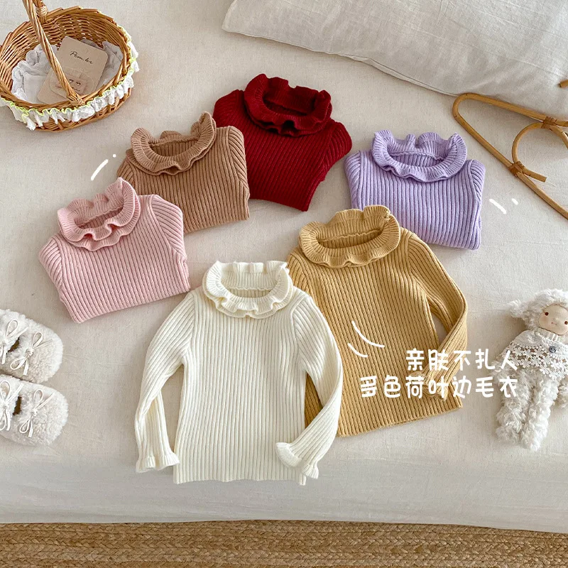 

Детский свитер с высоким воротником, новинка 2023 года, осень, однотонный детский топ с кружевным воротником, плотный зимний интерьер для девочек