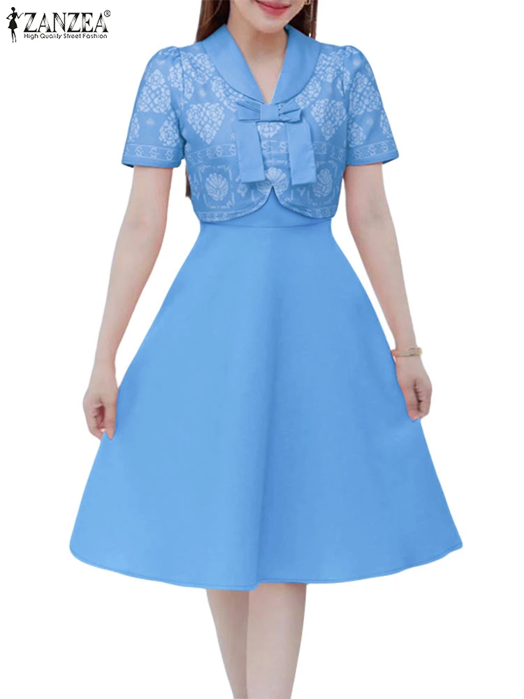 Elegante vestido de fiesta de línea A ZANZEA Vestidos elegantes para mujer 2025 moda de manga corta Patchwork vestido veraniego de trabajo Vestidos de cintura bata