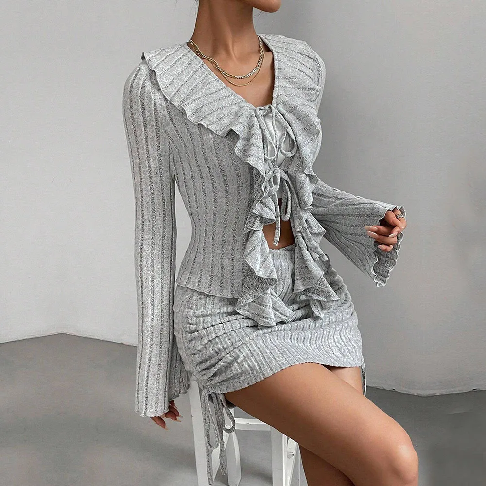 Women Sexy Elegant Ruffle Trim Set 2 Piece Slim Fit Spring Summer