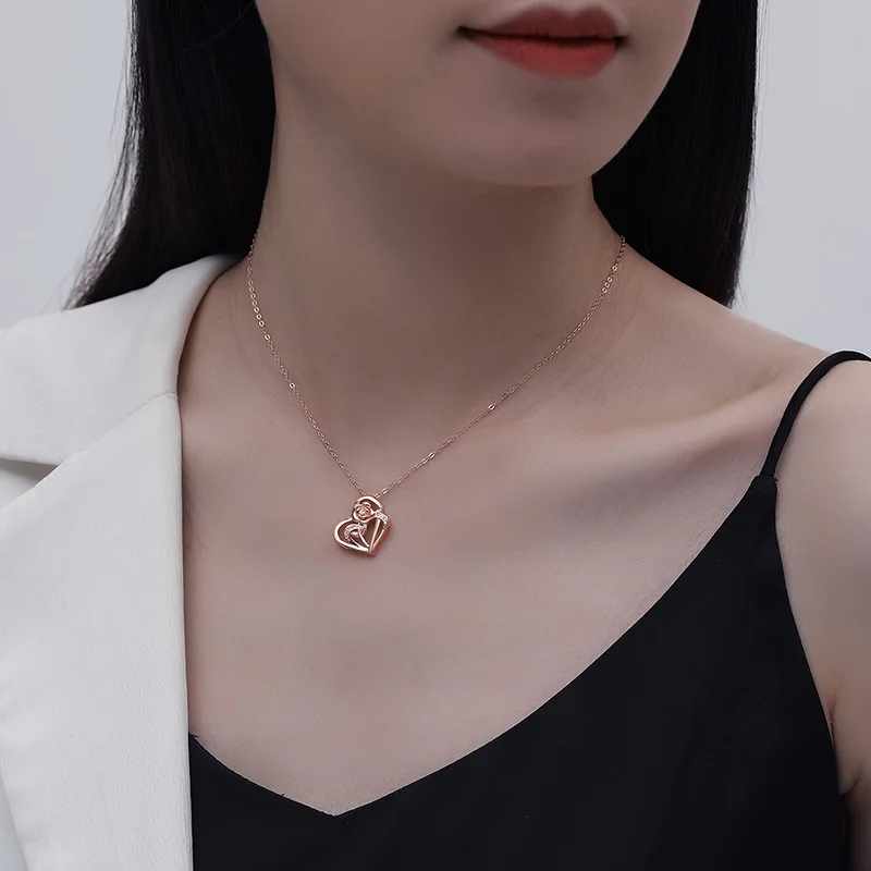 

Sterling Silver Double Heart Necklace Women's Rose Design Sense Zircon Love Rose Women's Fashion Jewelry