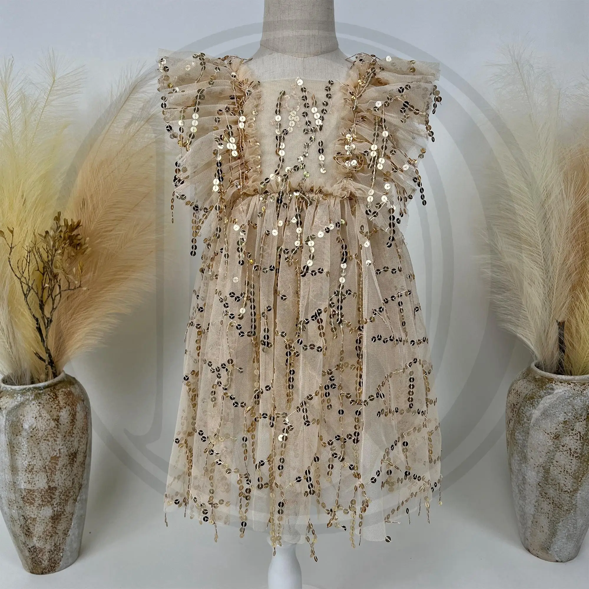 Don&Judy Baby Girl Dress Gold Sequin Pleated Lace Dress For Performance Party Clothing Skirt For Birthday Gift Photography