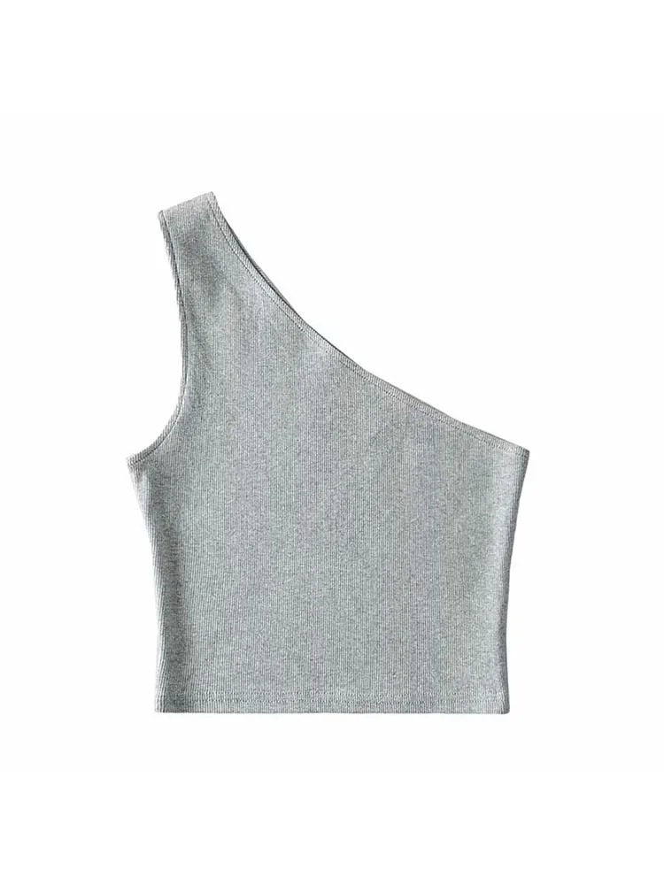 Jedno ramię przycięte koszulki bez rękawów Top damskie letnie bezrękawniki na ramiączkach seksowne ukośny kołnierzyk elastyczny gorset Crop Top Slim