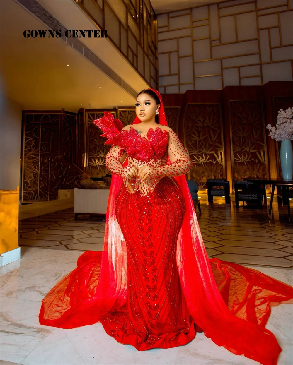 

Fantastic Red Mermaid Wedding Evening Dresses Long Sleeves Beads Crystals Aso Ebi Party Gowns For Women Bride African Customized