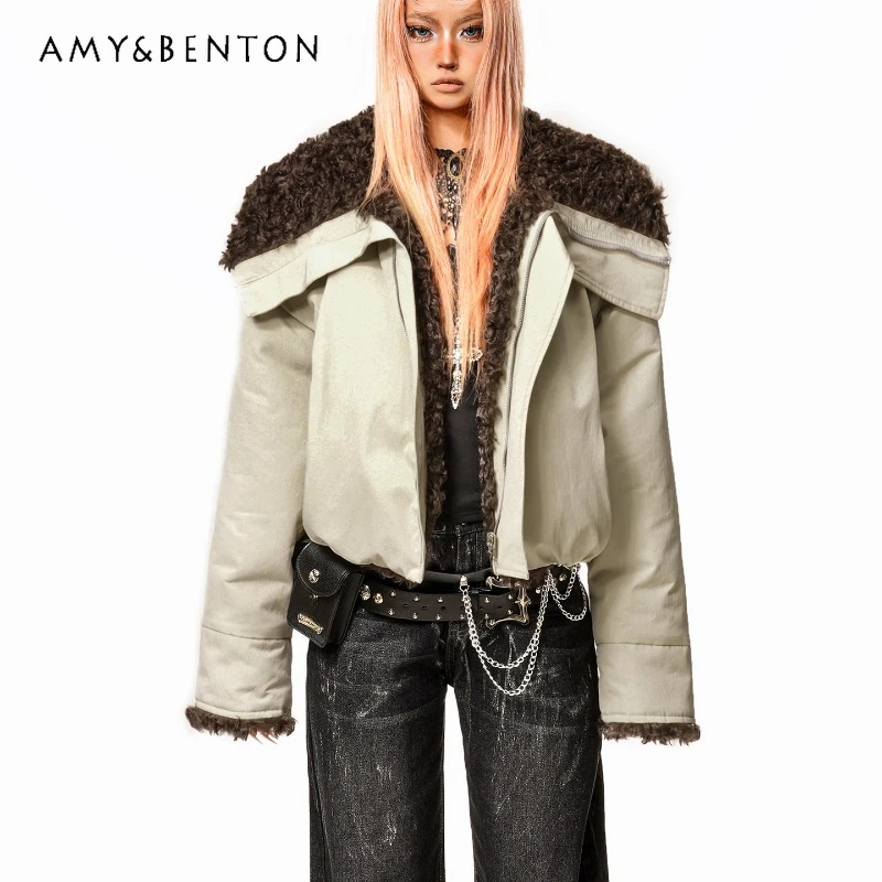 

Европейско-американская ретро женская хлопковая куртка из овечьей шерсти с большими лацканами, осень-зима, новое короткое утолщенное теплое универсальное пальто, женское