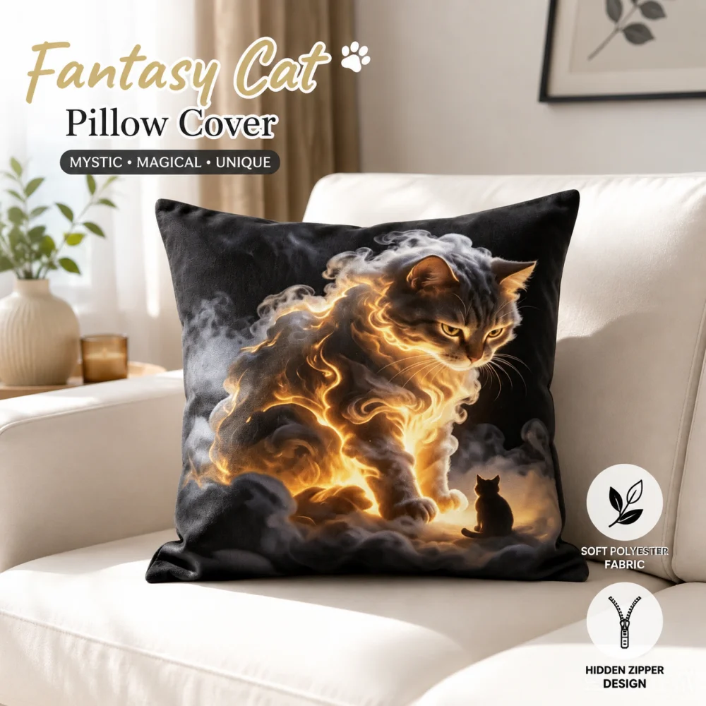 Flame Smoke Cat Pillow Cover, Mysterious Dark Kitten Cushion Cover, Gothic Style Animal Print Square Decorative Pillowcase, Sofa Bedroom Home Decor Gift