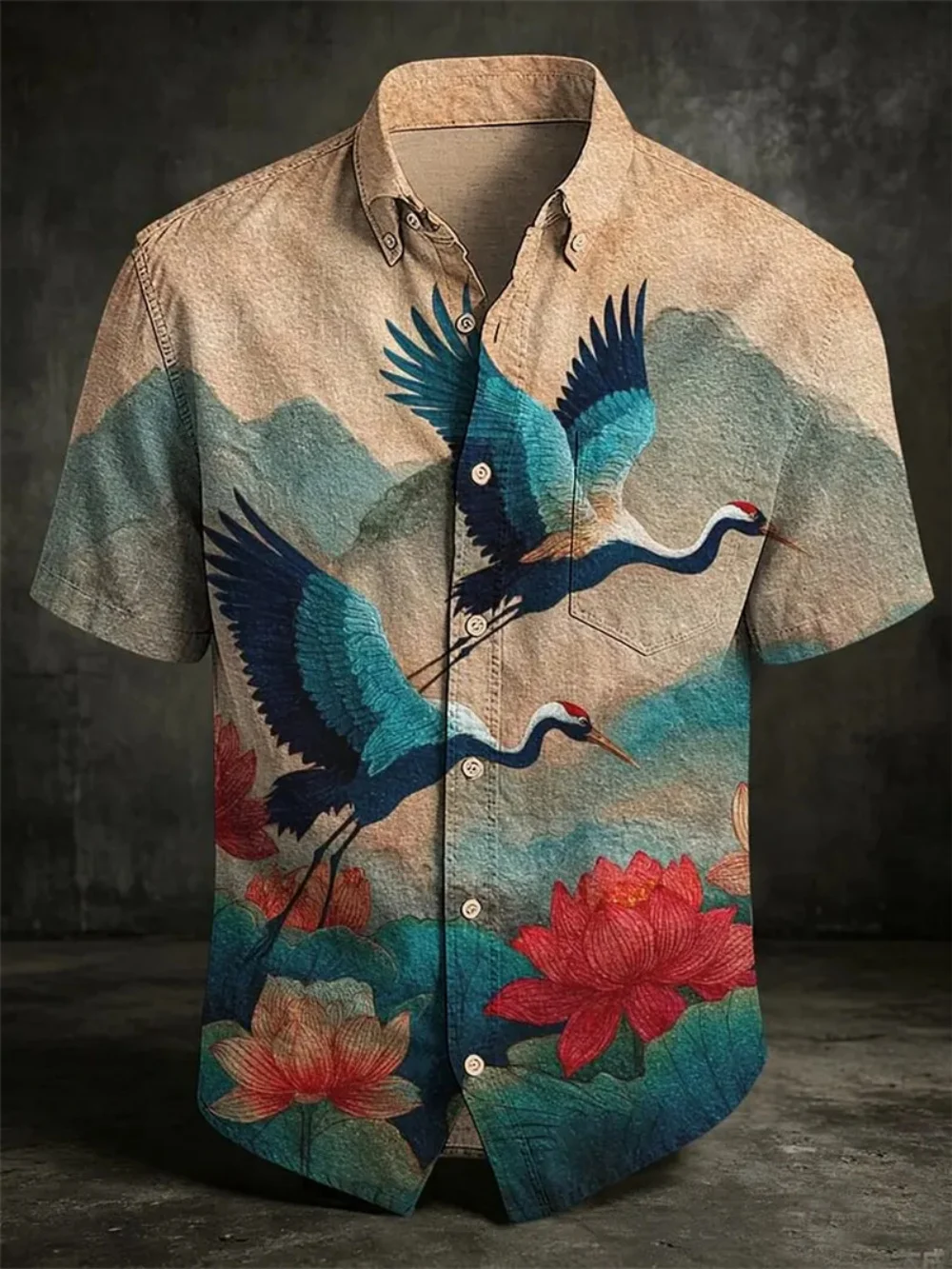 Oriental Mohe Lotus Printed Men's Short Sleeved Shirt Linen Blended Chinese Casual Button Loose Summer Beach Shirt