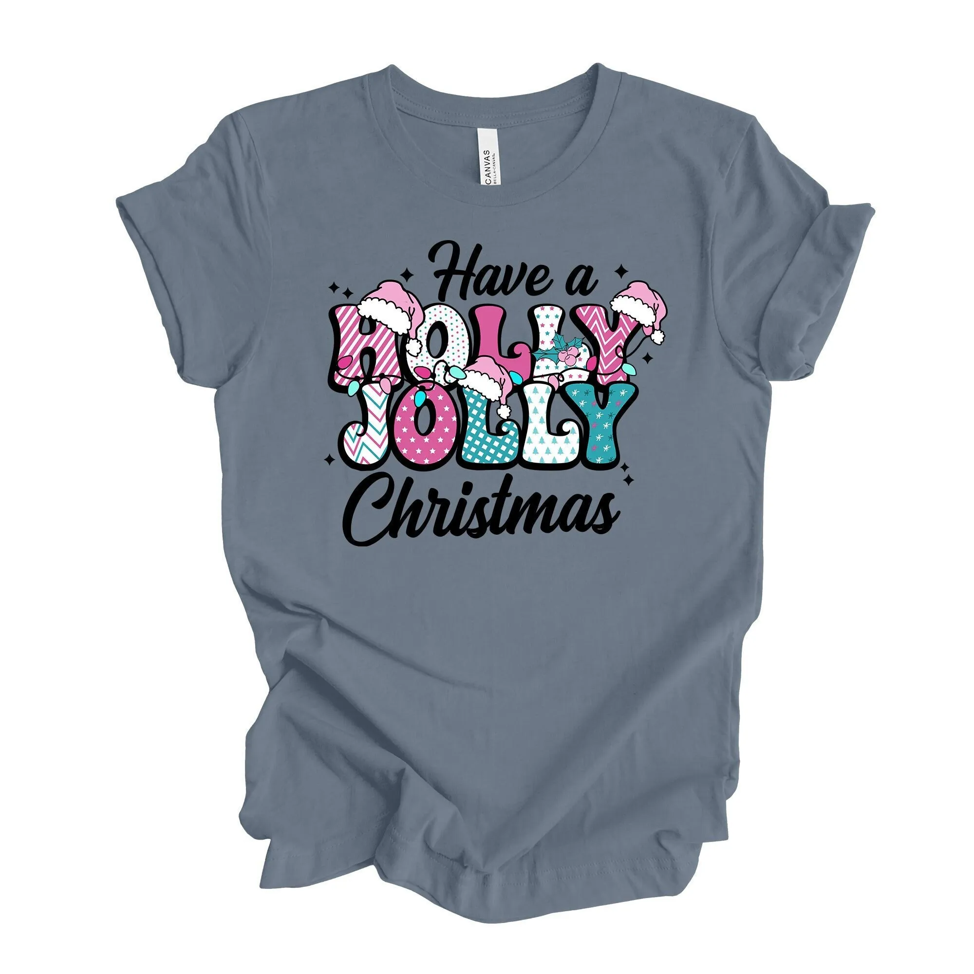 Christmas T Shirt Super Cute Holly Jolly Bright Pink Teal Design On Premium Cotton Unisex Plus Sizes 2X 3X 4X