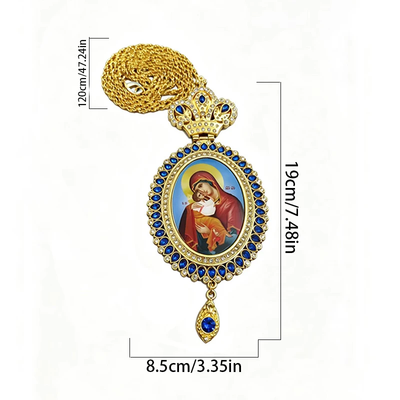 Byzantine Orthodox Icon Medallion Virgin Mary Gold Crown with Rhinestone Oval Religious Pendant for Church Home Decor Gift