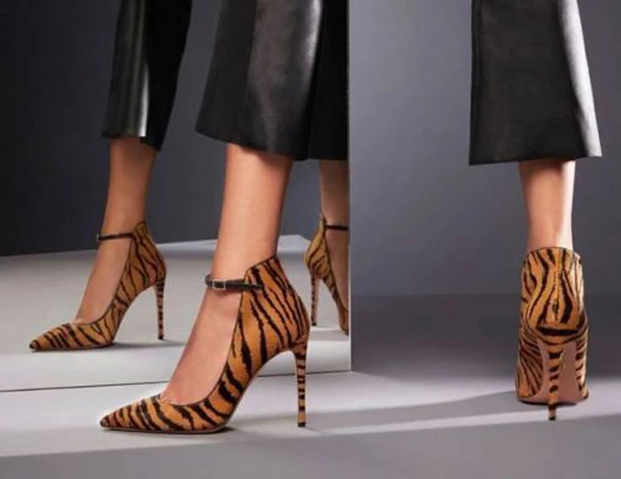 Brown Zebra Stripe Leopard Pointed Toe Pumps One Strap Ankle Buckle Woman Sexy Stiletto Hig Heels Banquet Dress Shoes