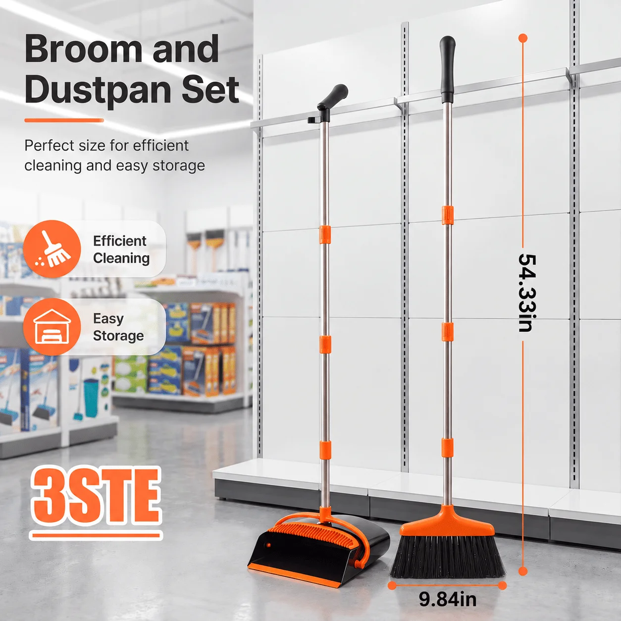 54.33-inch long-handled one-piece design lightweight stainless steel handle upright dustpan with broom combination for household